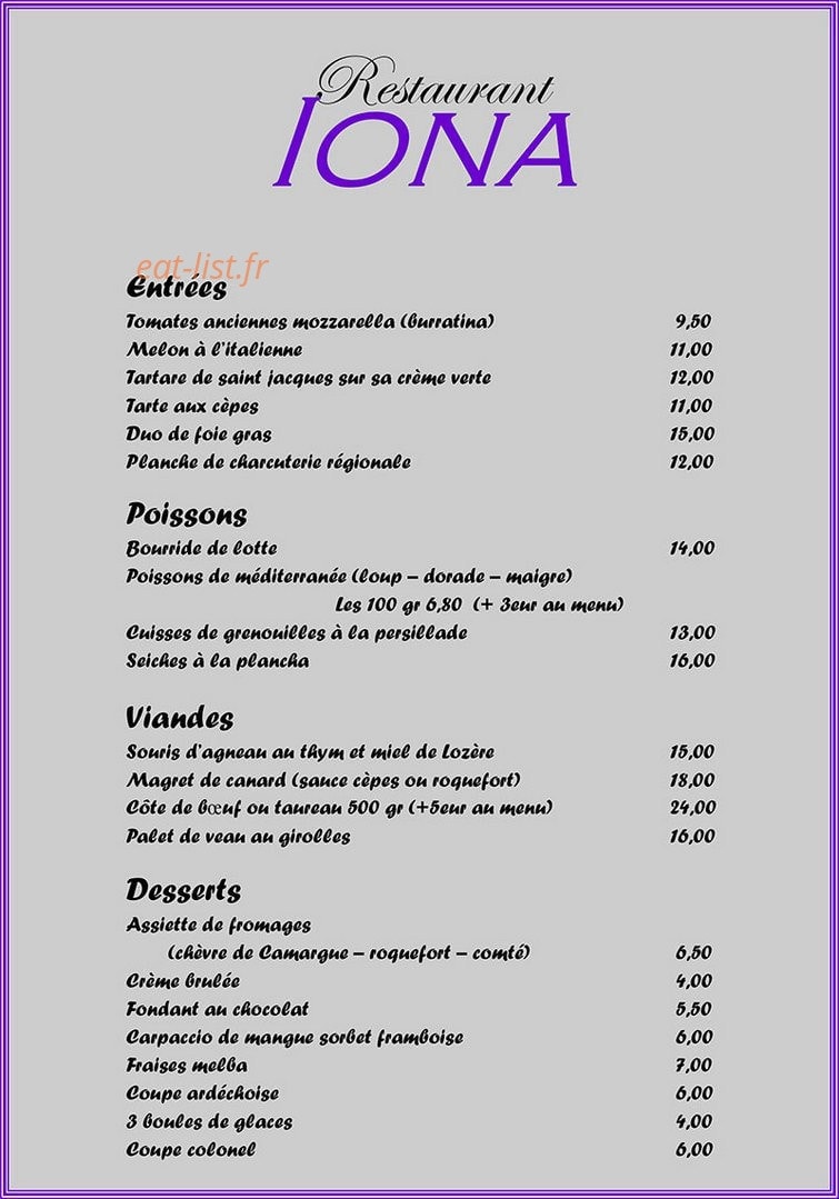Restaurant Iona — carte page 1