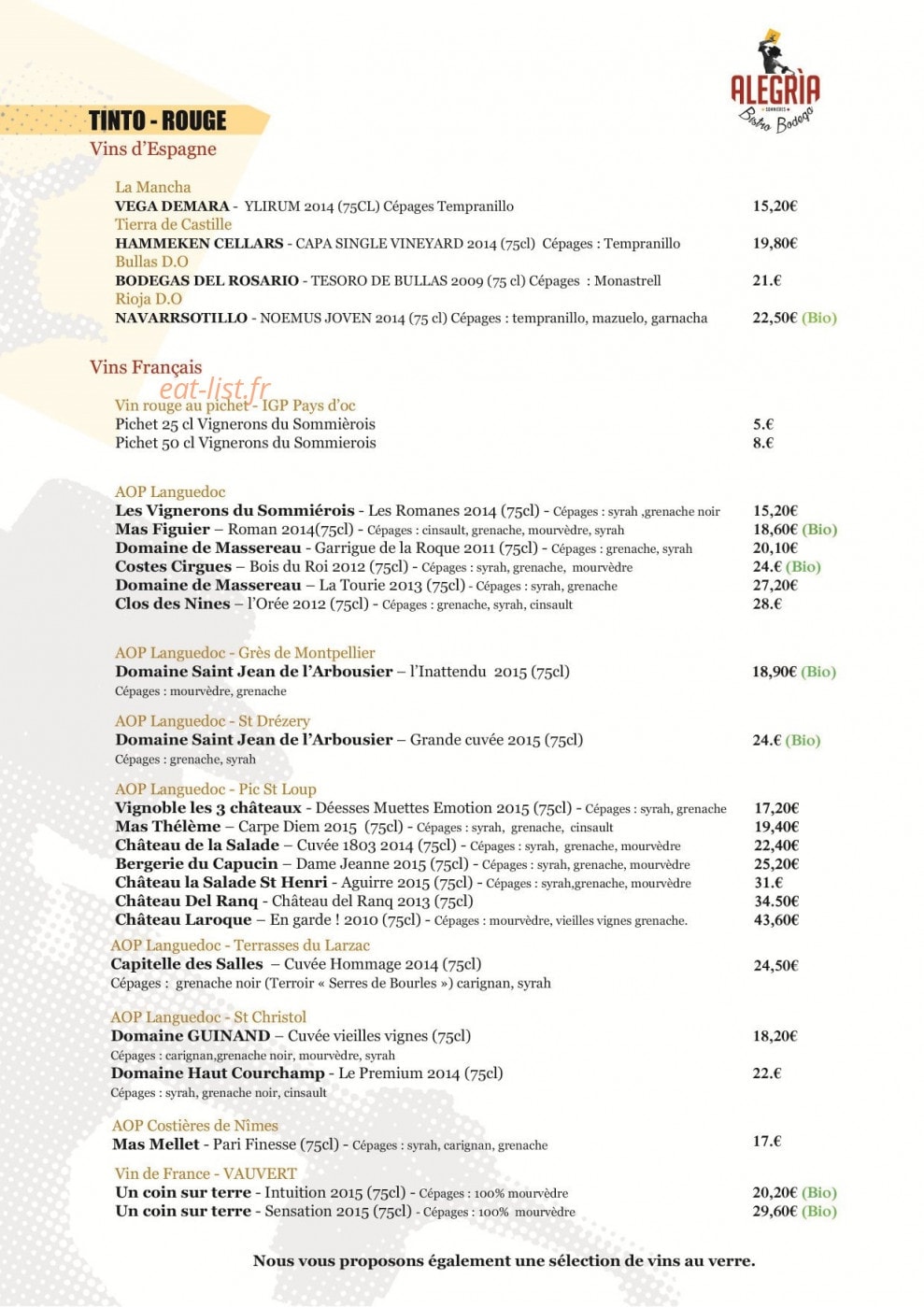 Alegria Bistro Bodega — carte page 1