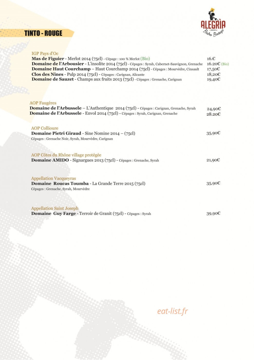 Alegria Bistro Bodega — carte page 2