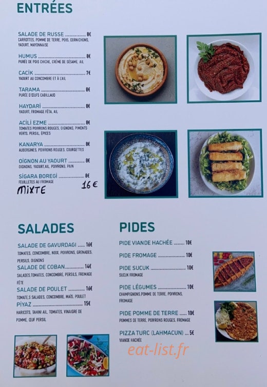 Carte et menu de La maison de la viande turquoise à Sommieres — Les entrées, salades et pides