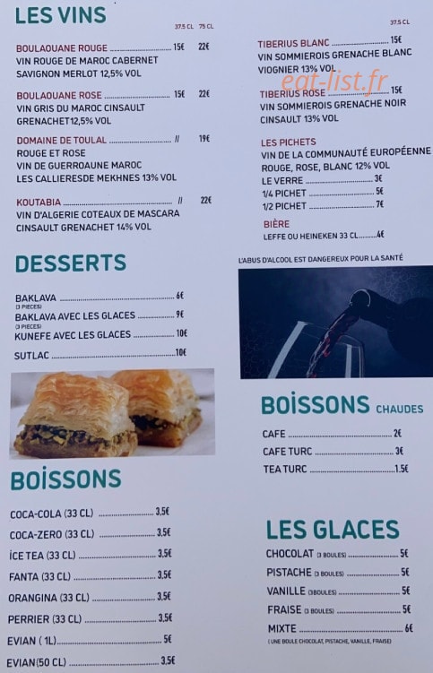Carte et menu de La maison de la viande turquoise à Sommieres — Les vins, desserts, boissons et glaces