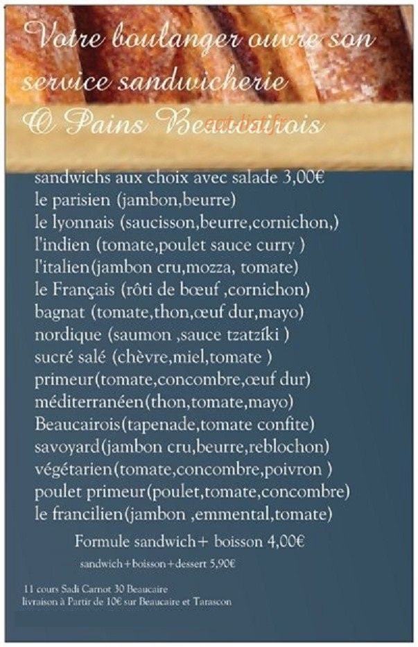 Aux pains Beaucairois — carte page 1