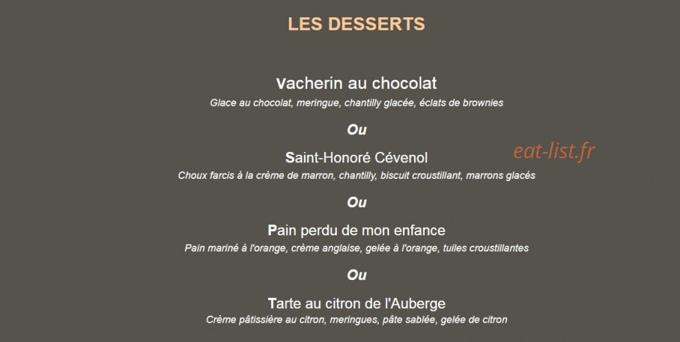 Carte et menu de Auberge les voutins à Mejannes les Ales — Desserts