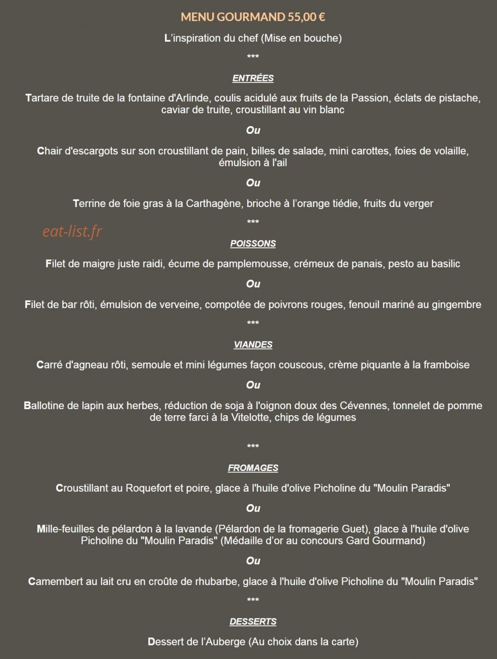 Carte et menu de Auberge les voutins à Mejannes les Ales — Menu gourmand