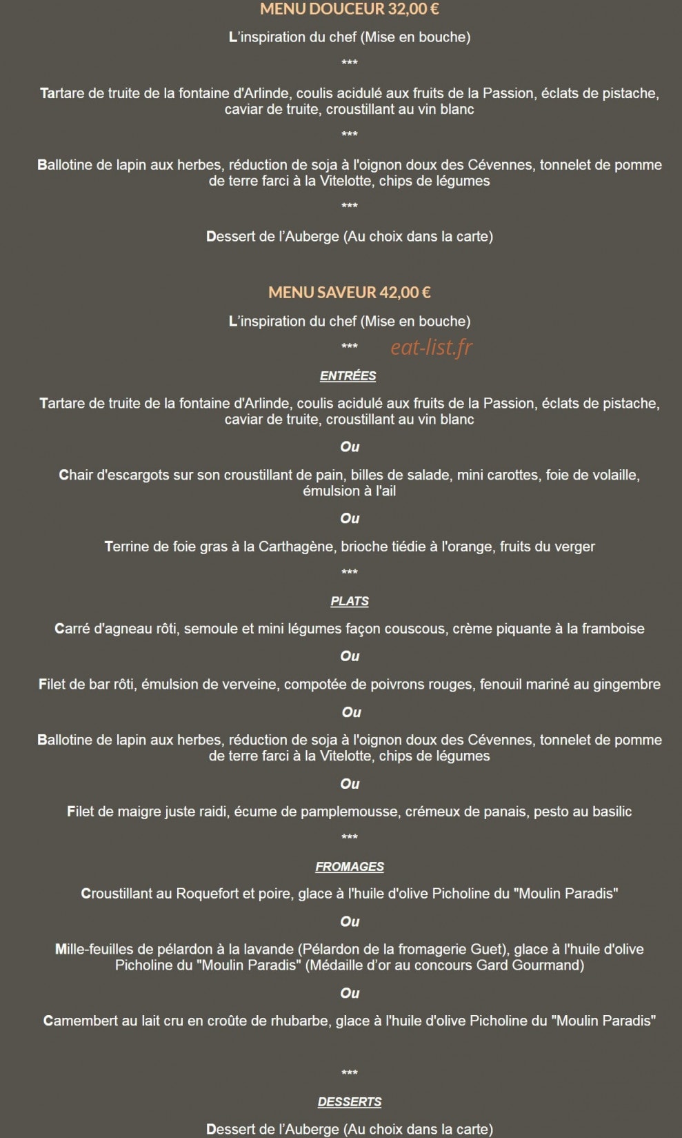 Carte et menu de Auberge les voutins à Mejannes les Ales — Menu douceur et saveur