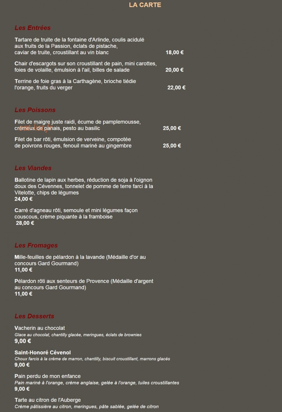 Carte et menu de Auberge les voutins à Mejannes les Ales — Entrées, poissons, viandes,....