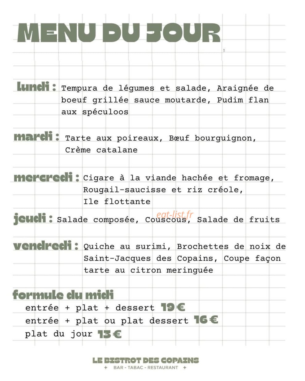 Le Bistrot des Copains — carte page 1