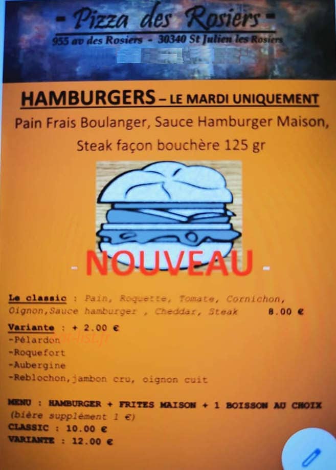Carte et menu de Pizza Des Rosiers à Saint Julien les Rosiers — Les burgers
