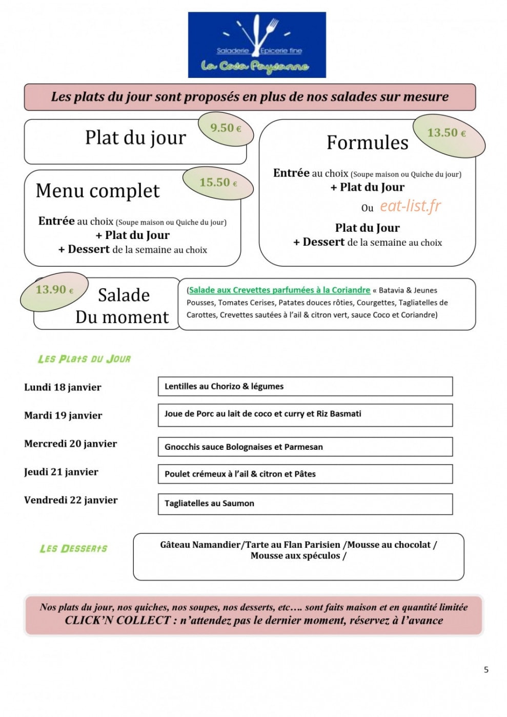 Carte et menu de La Casa Paysanne à Saint Privat des Vieux — Formules et exemple de plat du jour