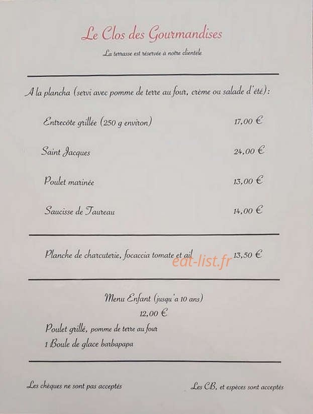 Carte et menu de Le clos des Gourmandises à Vezenobres — Les planches et menu enfant