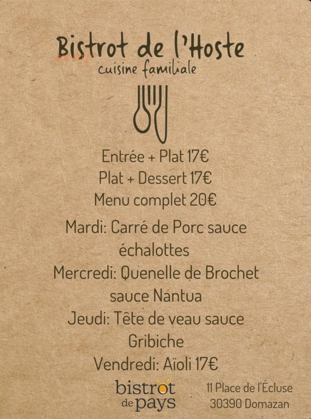 Bistrot de l’Hoste — carte page 1