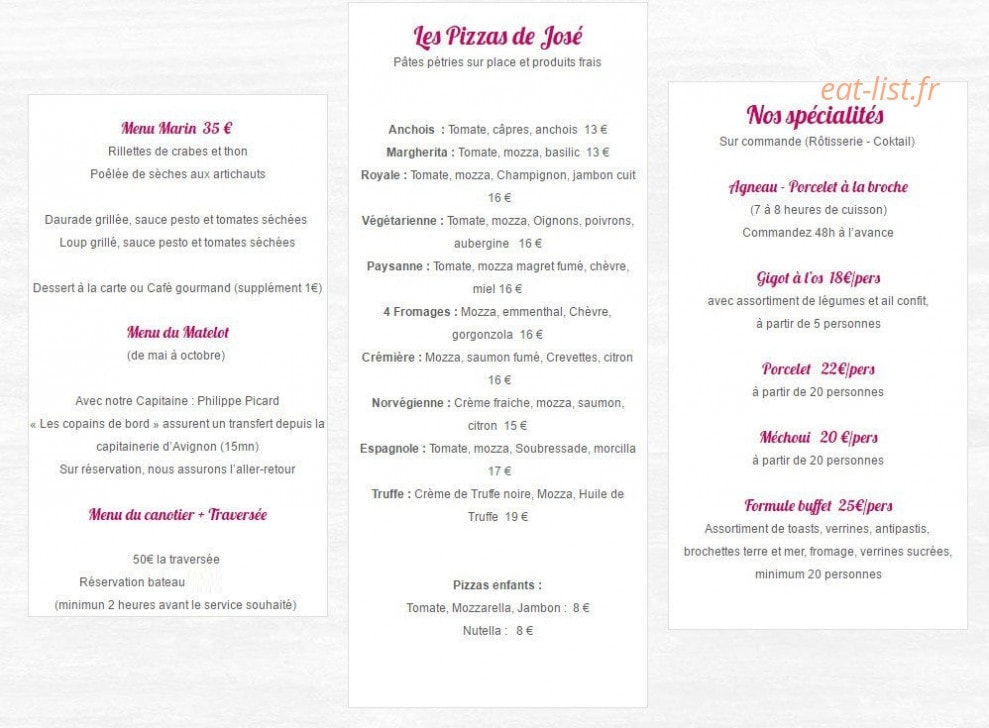 Carte et menu de La guinguette du vieux moulin à Villeneuve les Avignons — Les pizzas, spécialités,...