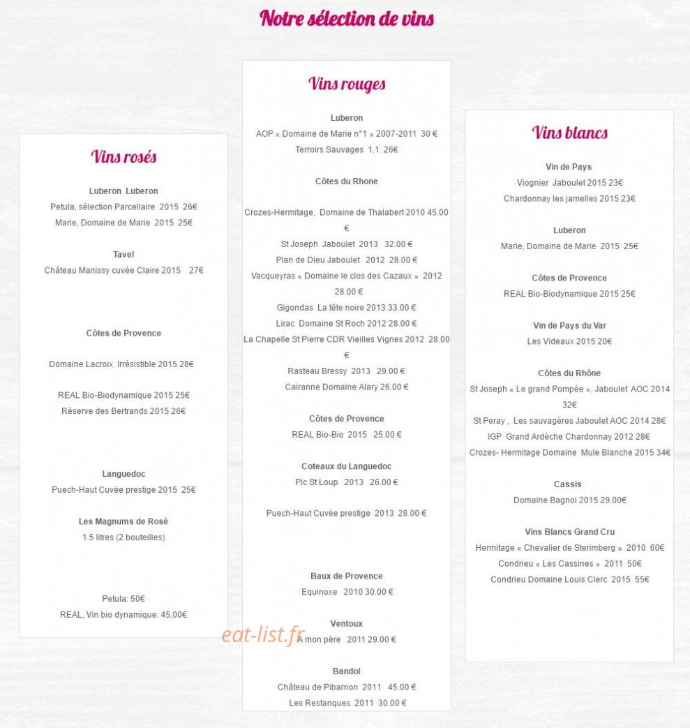 Carte et menu de La guinguette du vieux moulin à Villeneuve les Avignons — Les vins