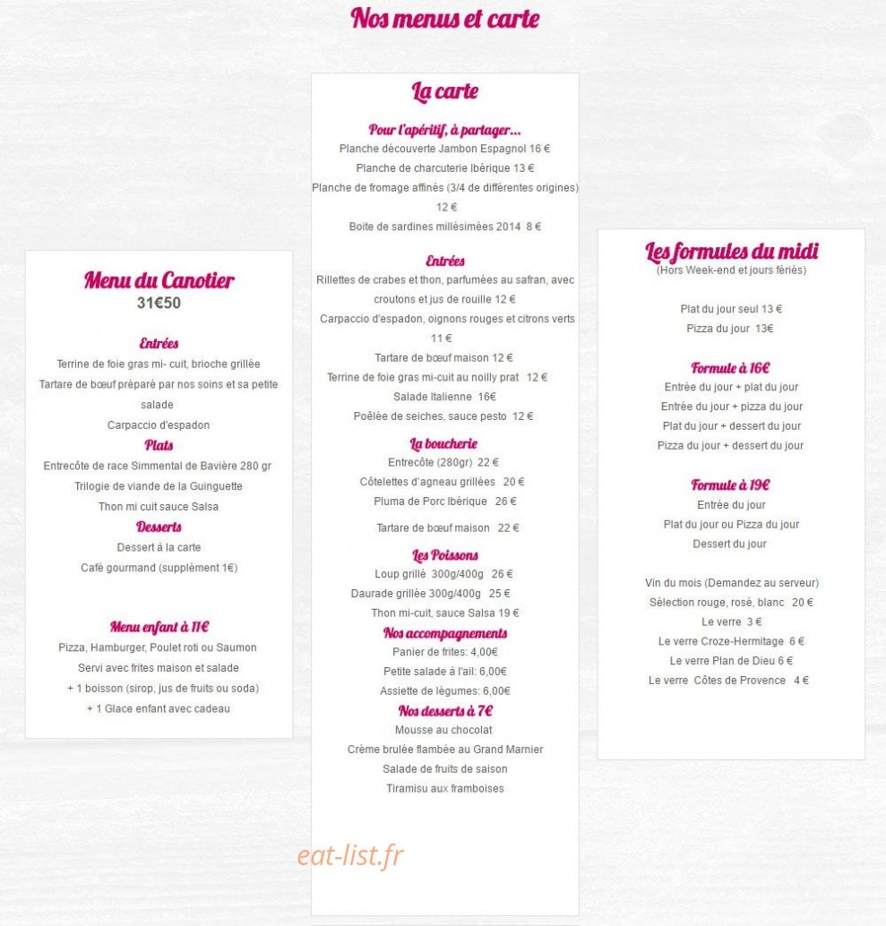 Carte et menu de La guinguette du vieux moulin à Villeneuve les Avignons — Les entrées, formules,...