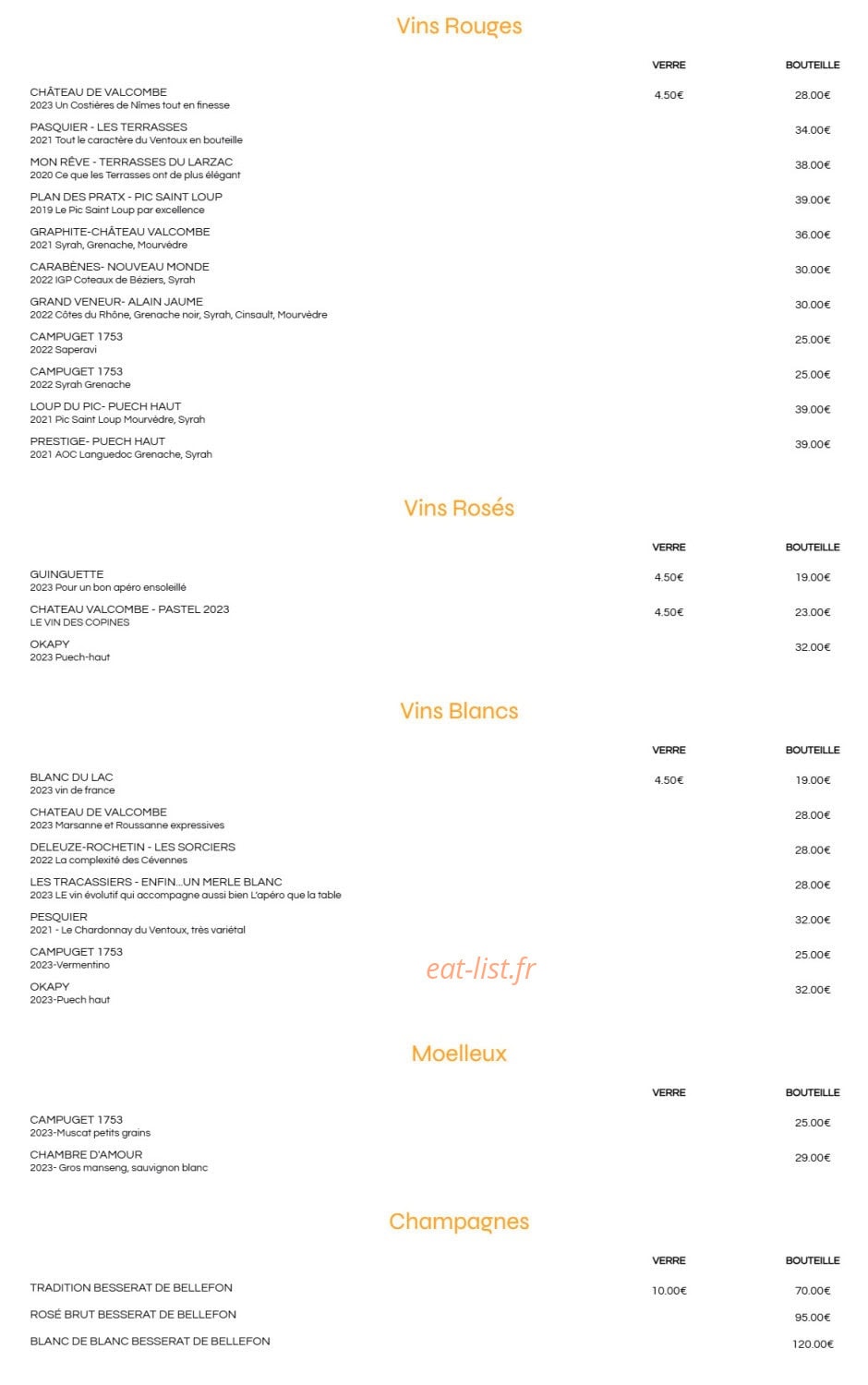 Carte et menu de Brasserie Le France à Aimargues — Les vins