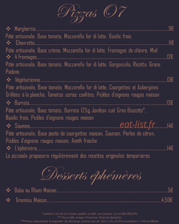 Pizzeria O7 — carte page 1