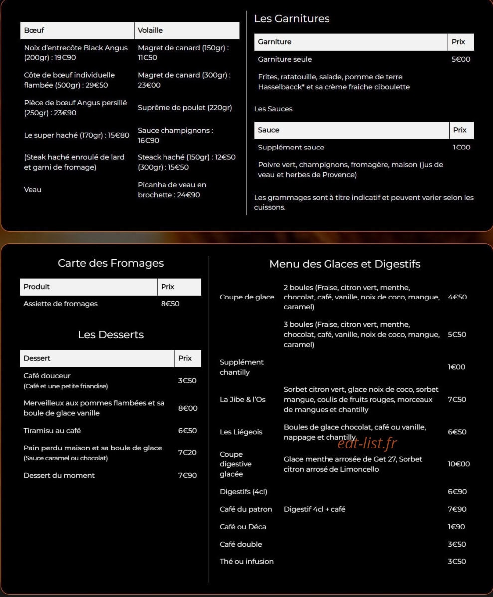 Carte et menu de Jibe & L'Os à Saint Hilaire de Brethmas — Les garnitures, bœuf et volaille, ...