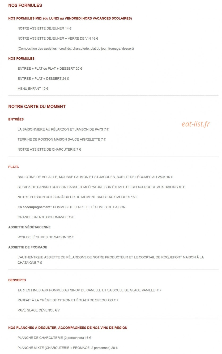 Auberge cévenole — carte page 1