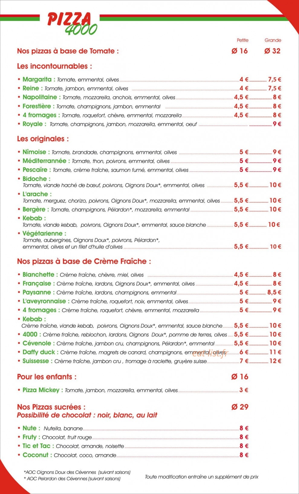 Pizza 4000 — carte page 1