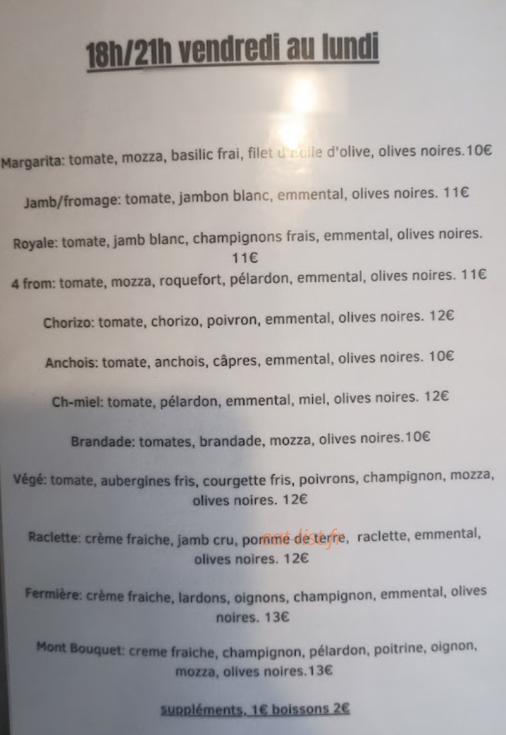 Carte et menu de La pizzéria du Mont Bouquet à Fontareches — Les pizzas