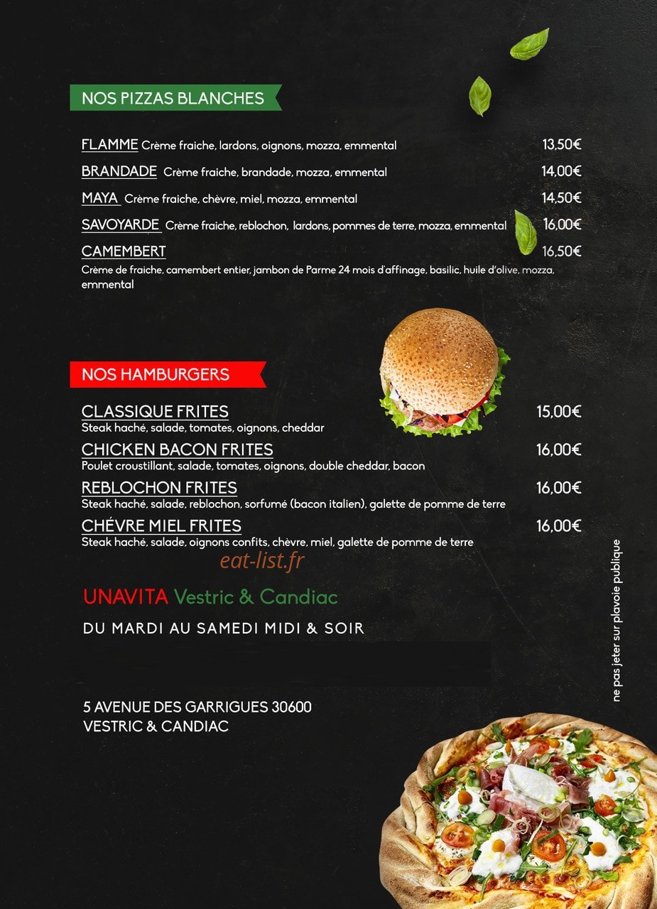Carte et menu de Unavita à Vestric et Candiac — Les pizzas blanches, hamburgers, ...
