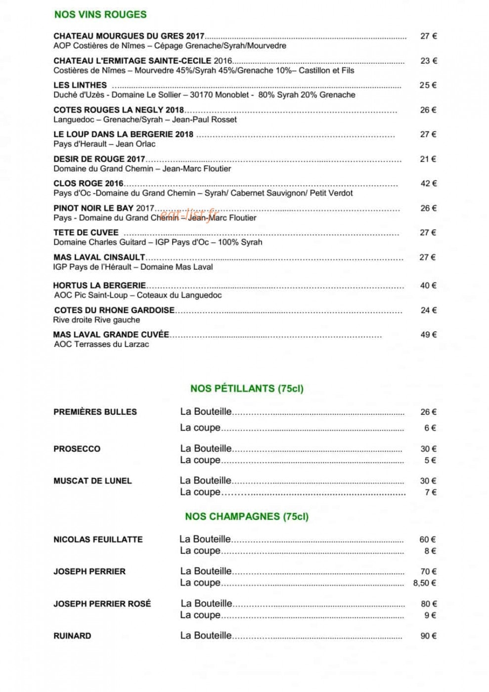 Carte et menu de Hôtel O'Banel à Gallargues le Montueux — Les vins rouges et champagnes
