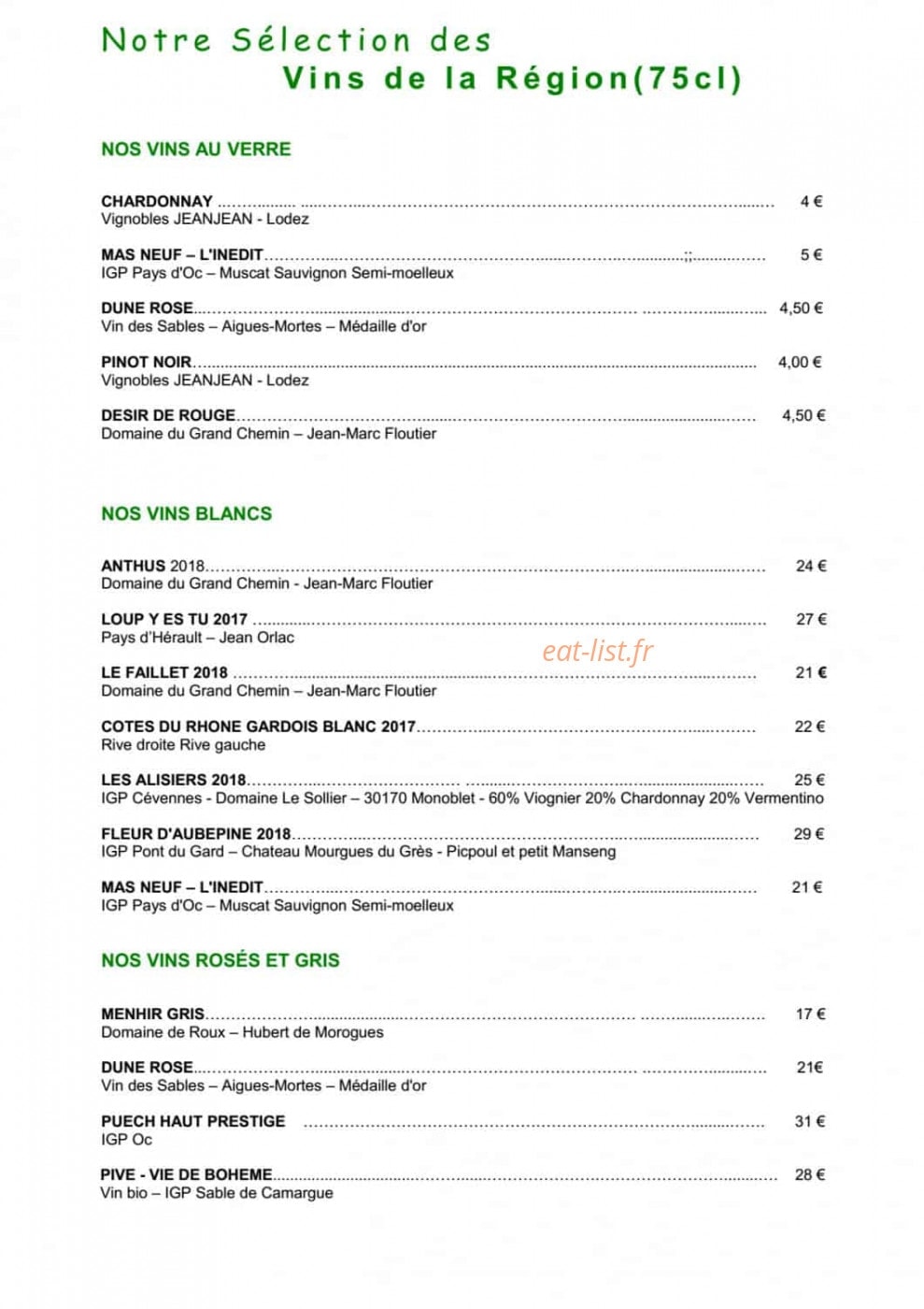 Carte et menu de Hôtel O'Banel à Gallargues le Montueux — Les vins au verre, vins blancs et rosés
