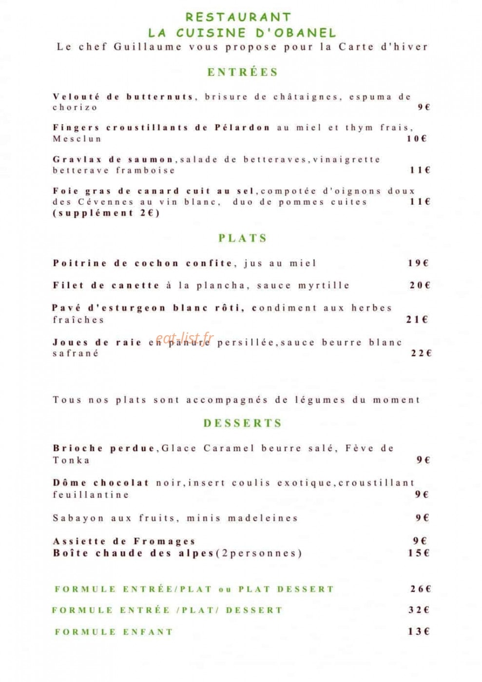 Carte et menu de Hôtel O'Banel à Gallargues le Montueux — les entrées et plats, desserts