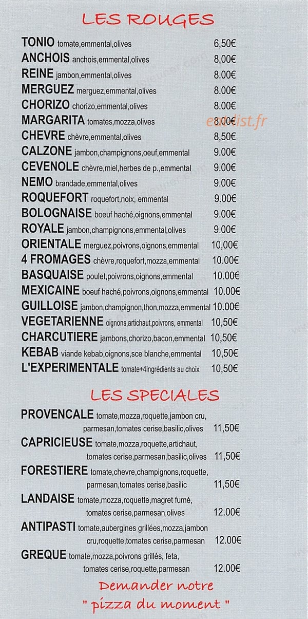 Carte et menu de La Saint Quentinoise à Saint Quentin la Poterie — Les pizzas rouge et spéciales