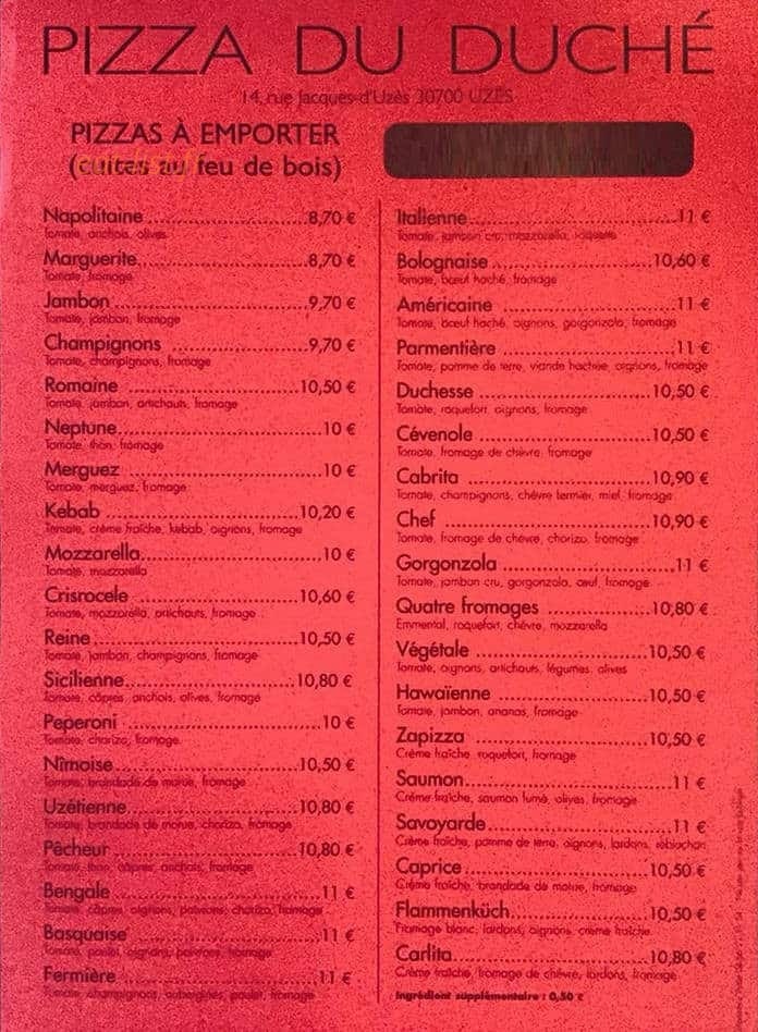 Pizza du Duché — carte page 1