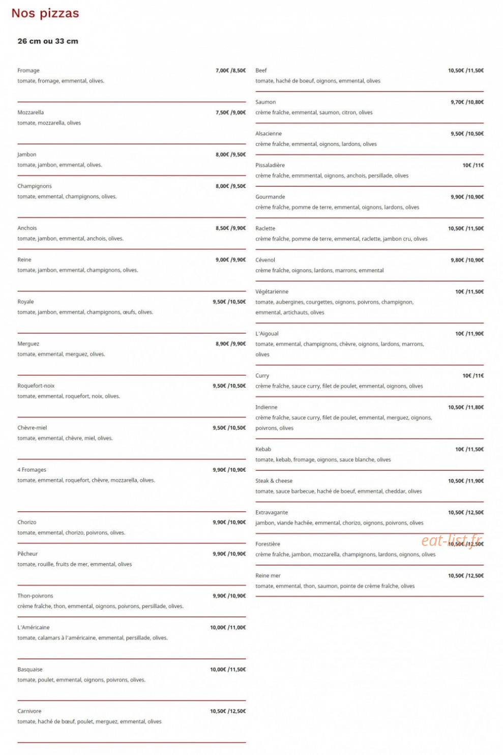 Carte et menu de L'Aigoual à Saint-Sauveur-Camprieu — Les pizzas