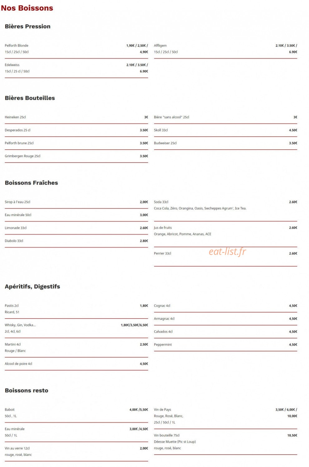 Carte et menu de L'Aigoual à Saint-Sauveur-Camprieu — Les boissons