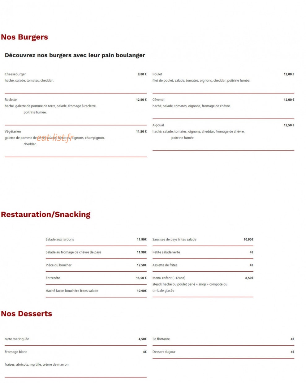 Carte et menu de L'Aigoual à Saint-Sauveur-Camprieu — Les burgers, desserts, ...