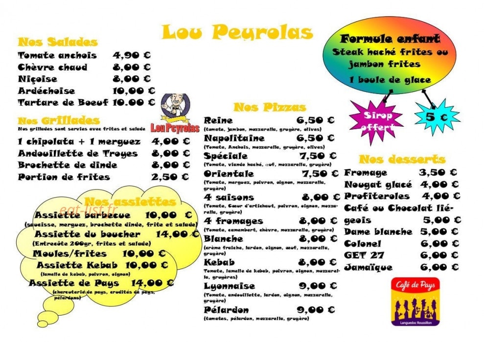 Carte et menu de Café des Sports à Saint Julien de Peyrolas — Desserts, salades, grillades,....