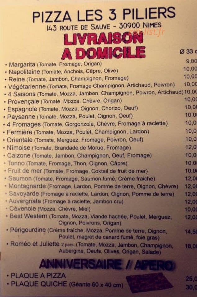 Carte et menu de Pizzeria des 3 pilliers à Saint-Césaire-lès-Nîmes — Les pizzas