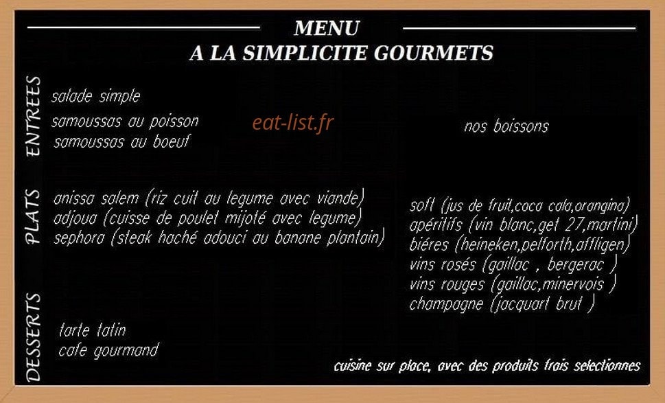 A La Simplicite Gourmet — carte page 1
