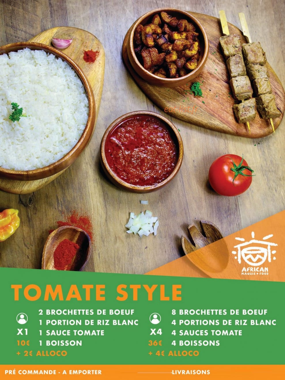 Carte et menu de African Maquis Food à Toulouse — Tomate brochette de boeuf