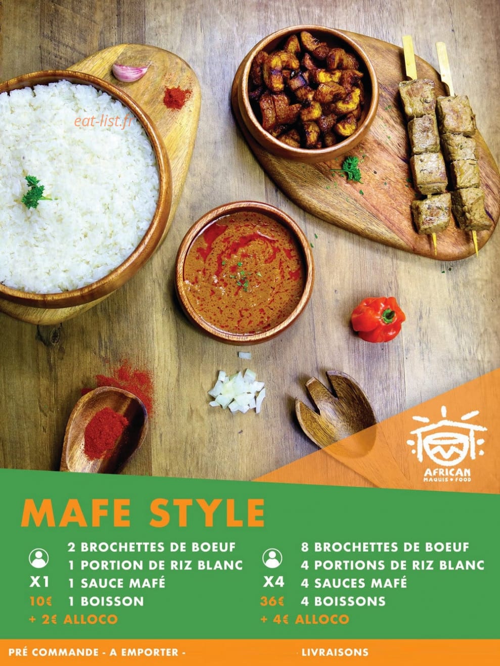 Carte et menu de African Maquis Food à Toulouse — Mafé brochette de boeuf