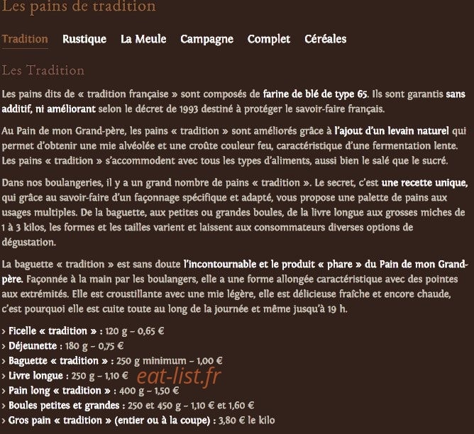 Carte et menu de Au pain de mon grand pere à Toulouse — Les pains tradition et spéciaux