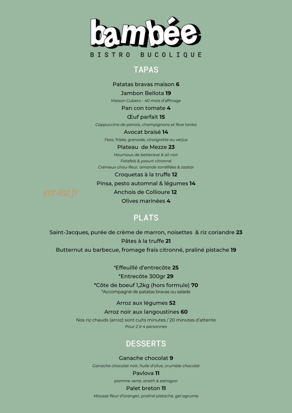 Bambée bistro — carte page 2