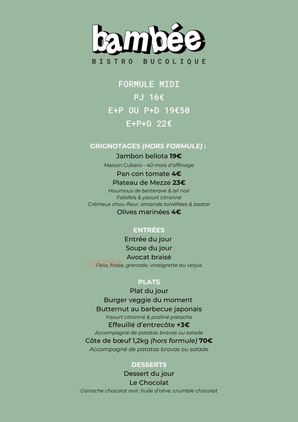 Bambée bistro — carte page 1