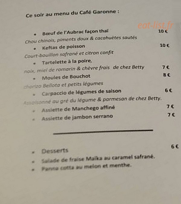 Café Garonne — carte page 1