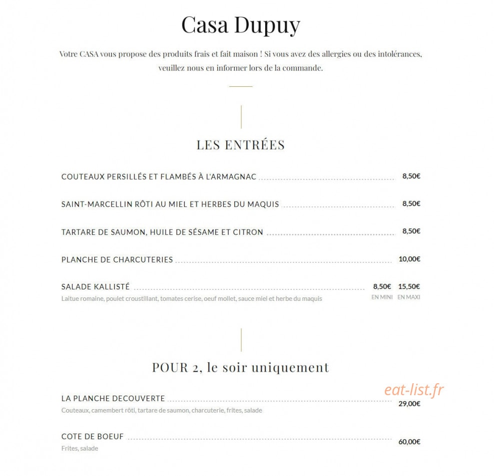 Carte et menu de Casa Dupuy à Toulouse — Les entrées