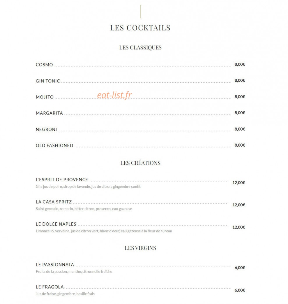 Carte et menu de Casa Dupuy à Toulouse — Les cocktails