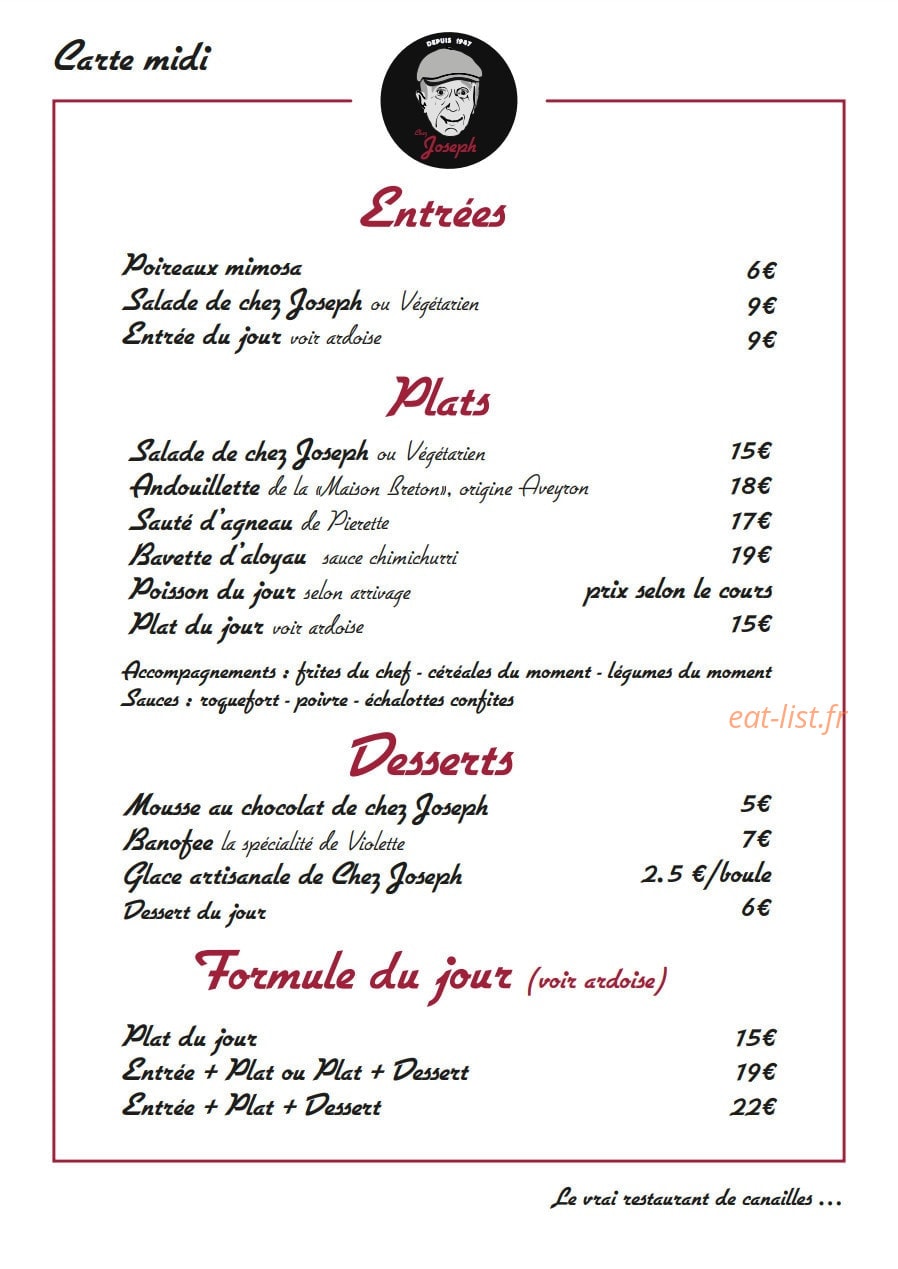 Chez Joseph — carte page 1