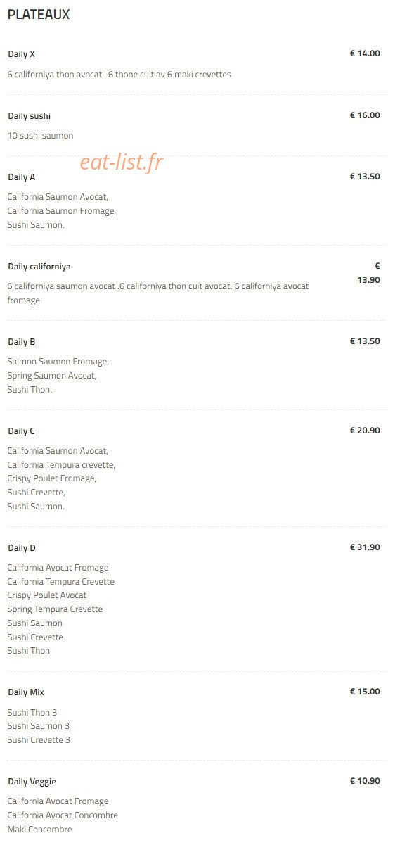 Carte et menu de Daily sushi à Toulouse — Les plateau