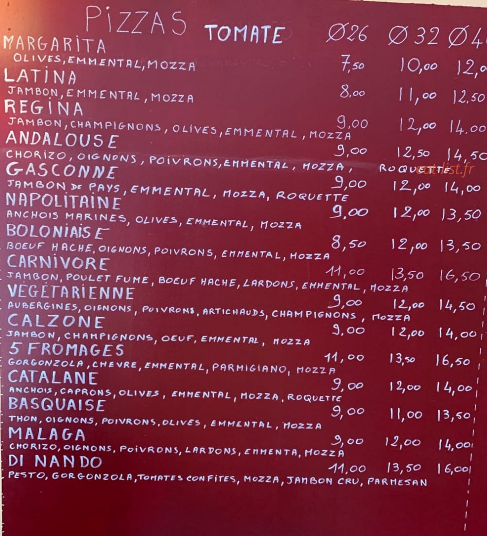 Di Nando Pizza — carte page 1