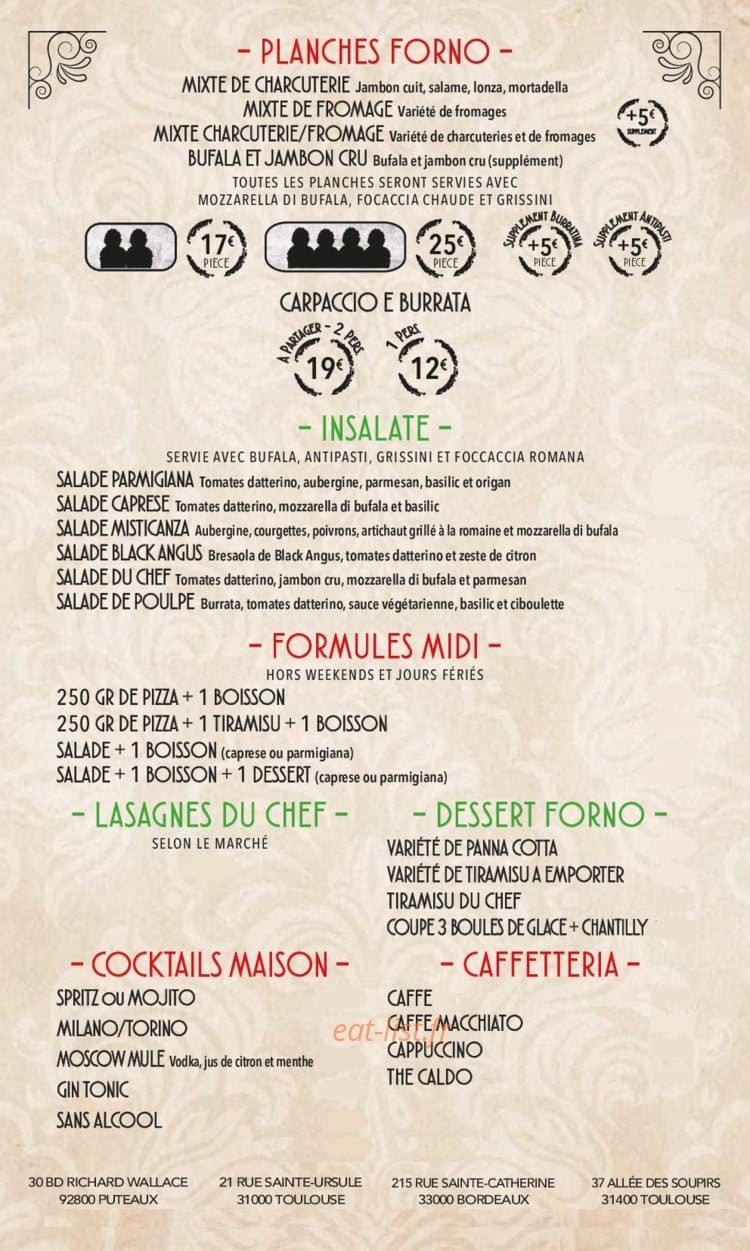 Carte et menu de Forno Gusto à Toulouse — Planches, salades, desserte et cocktails,...
