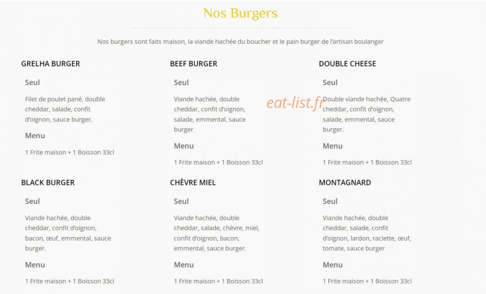 Carte et menu de Grelha à Toulouse — Burgers