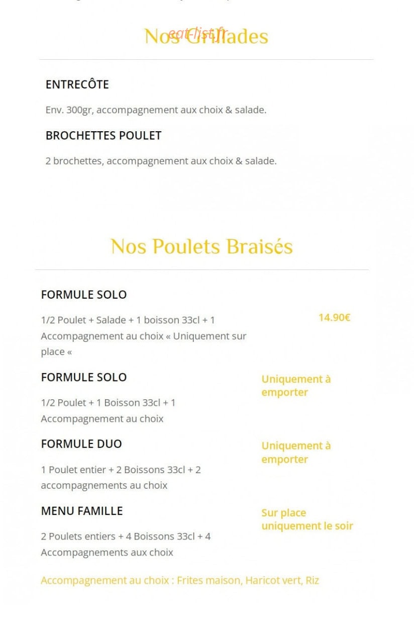 Carte et menu de Grelha à Toulouse — Poulets Braisés et Grillades